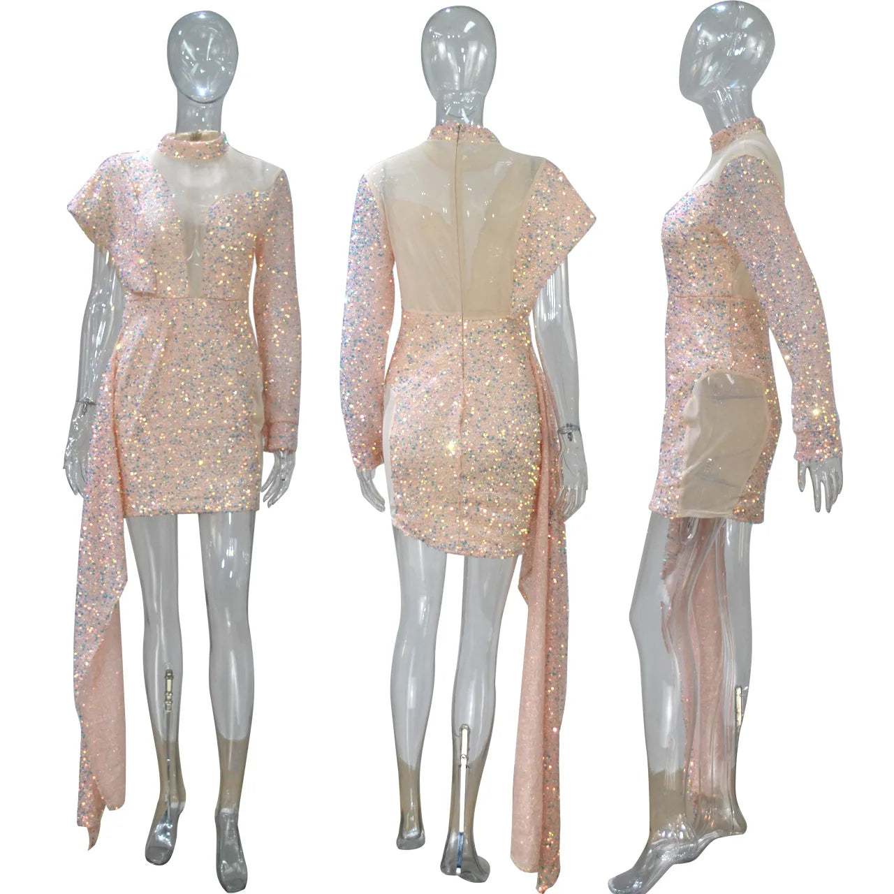Autumn and Winter Women's Clothing Semi-turtleneck Mesh Beads Tight Hip-wrapped Sexy Evening Dress