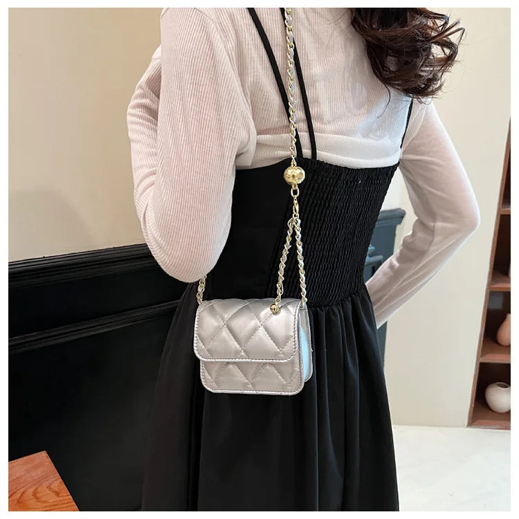 Simple And Versatile Texture Mini Bag With Gold Ball Chain Strap Shoulder Bag Crossbody Bag 	Purse Women's Bag