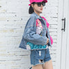 2023 New Women Coat Cartoon Sticker Embroidered Sequin Short Denim Jacket Loose Bowknot Top