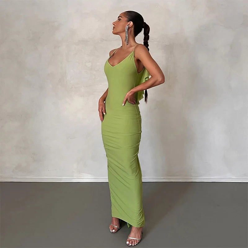 Ruffles Backless Sheath Bodycon Maxi Dresses Party Sleeveless Camisole Robe Femme V Neck Summer Dress Woman Sexy Vestidos Mujer