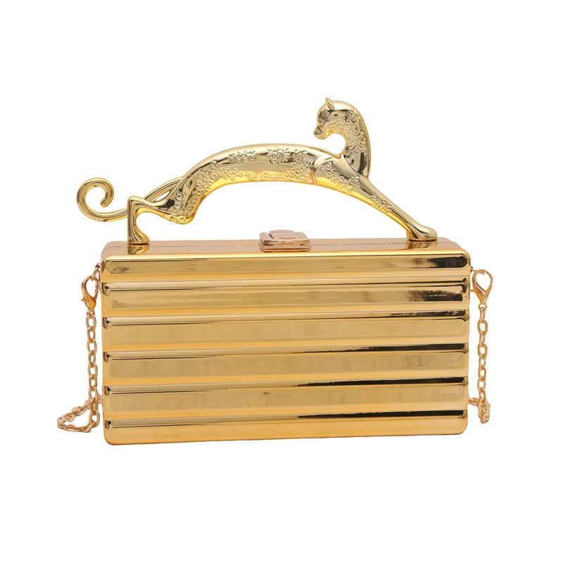 Leopard handle Luxury Gold Silver Party Evening Bag For Women Chain Clutch Handbags And Purses Mini Crossbody Shoulder Phone Bag