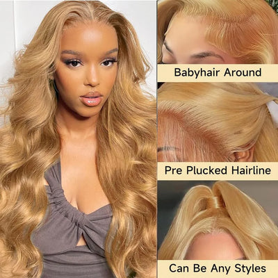 Honey Blonde Lace Front Wig Human Hair 13x4 HD Lace Front 27# Colored Body Wave Blonde Lace Front Wigs Human Hair 180% Density