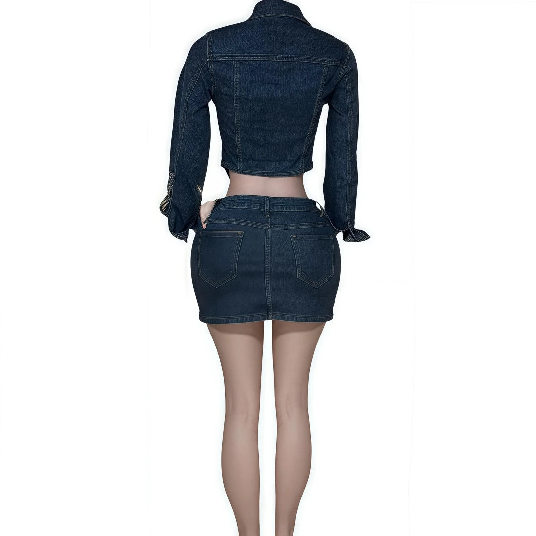 FAGADOER Fashion Denim Two Piece Set For Women Buttons Pocket Irregular Patchwork Crop Jacket + Skirt Female Streetwear Clothing