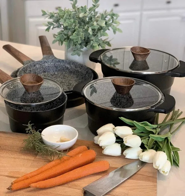 Cast Aluminum Pots and Pans Set Non Stick - 12Pcs Induction Kitchen Cookware Set, Granite Coating Cooking Pans Set