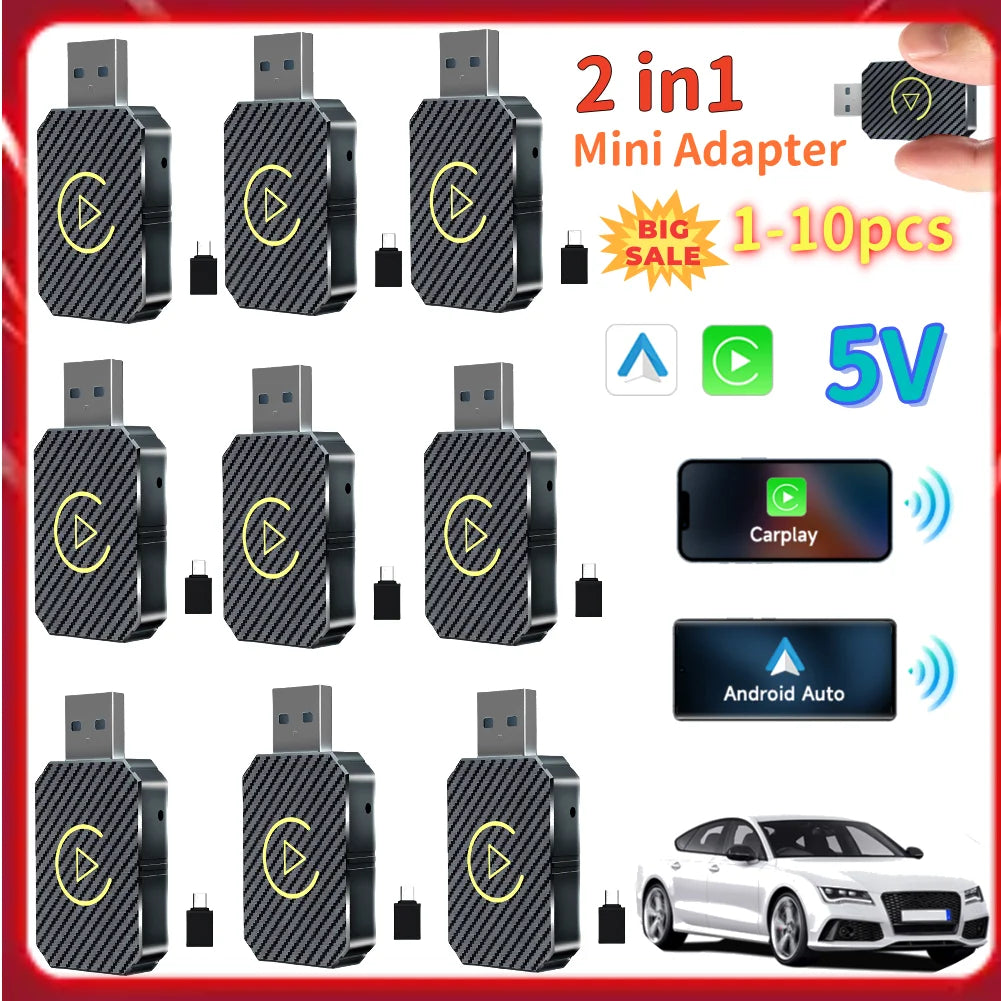1-10PCS 2 in 1 Wireless CarPlay Android Auto Adapter Wired to Wireless Plug&Play CarPlay Mini Car Ai Box for Audi Toyota VW Peug