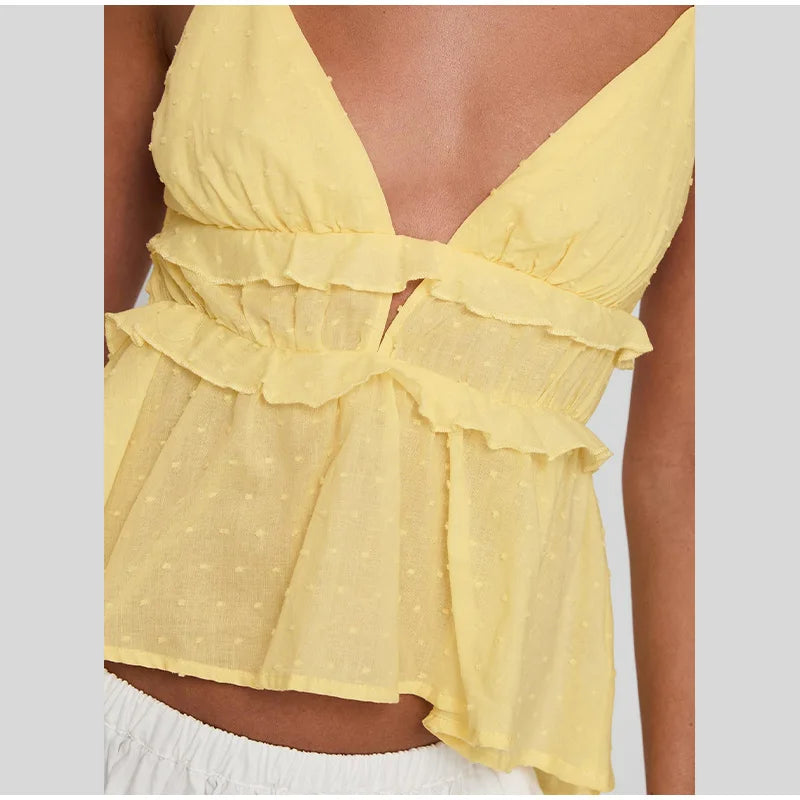 Solid Ruffles Full Sleeve Chiffon Shirt Women Casual Loose V Neck Long Sleeves Street Blouses 2025 Spring Summer Holiday Tops