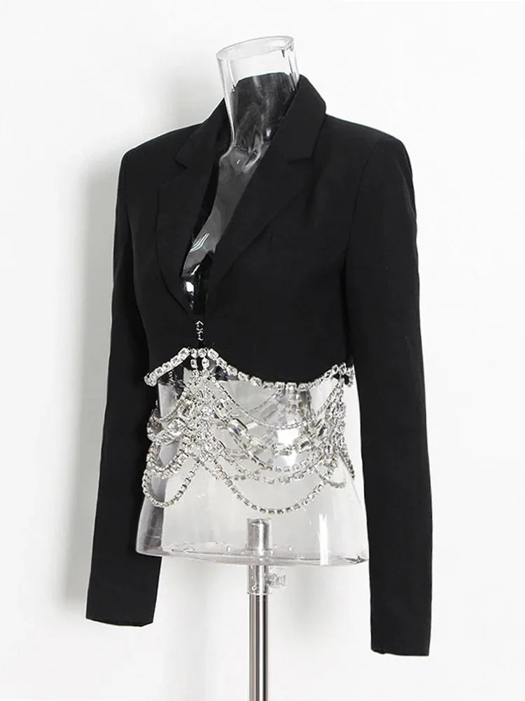 TWOTWINSTYLE Solid Casual Patchwork Diamonds Chain Slim Blazer For Women Notched Collar Long Sleeve Temperament Blazers Female