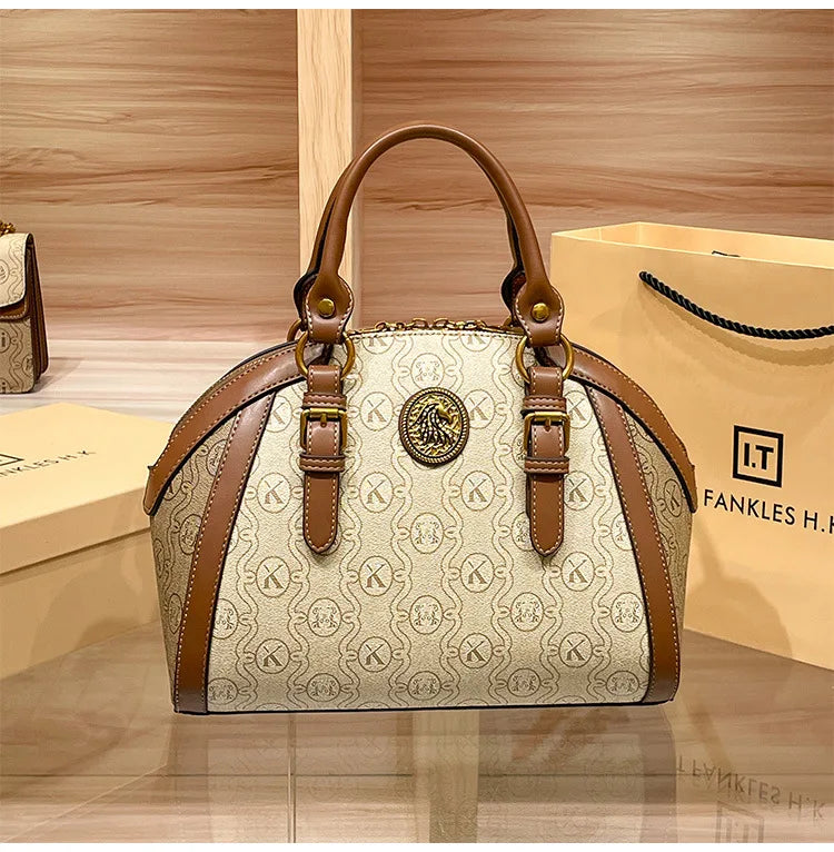 Khaki Retro Leather Women's Handbag Fashion Geometric Floral Girls Shoulder Bag Hundred Splicing Color Collision Girls Crossbody