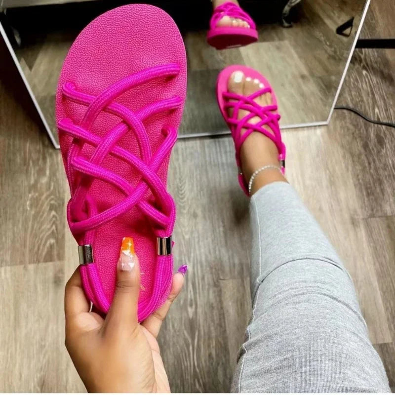 Large size women sandals 2022 summer flat women's shoes hemp rope set foot beach sandals outdoor all-match casual slippers