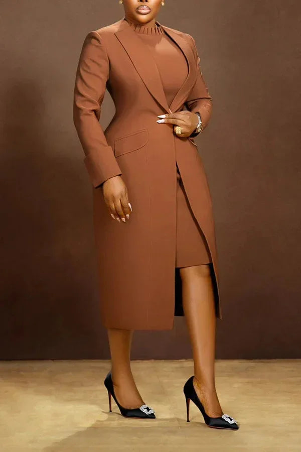HLJ High Quality Elegant Office Lady Blazer Two Piece Sets Women Lapel Long Sleeve Coat And Slim Dress Outfit Female Clothing