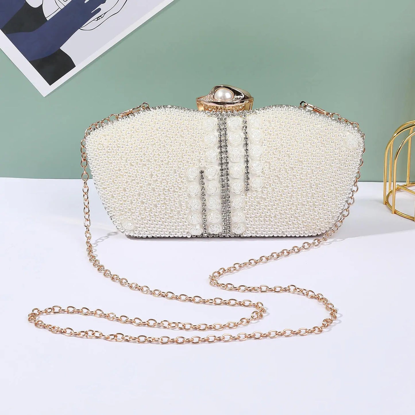 rhinestone evening bags Chain Clutch Bag Set with Diamond Pearl One Shoulder for Evening Wedding Party Dresses Made Crystal