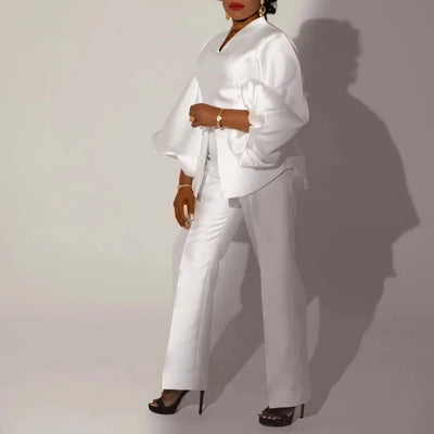 Luxury 2 Pieces Pants Sets for Women Satin Blouse V Neck Full Sleeve & Long Trousers Straight Elegant Ladies Outfits Pants Sets