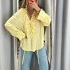 Solid Ruffles Full Sleeve Chiffon Shirt Women Casual Loose V Neck Long Sleeves Street Blouses 2025 Spring Summer Holiday Tops