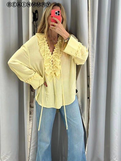 Solid Ruffles Full Sleeve Chiffon Shirt Women Casual Loose V Neck Long Sleeves Street Blouses 2025 Spring Summer Holiday Tops