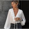 Solid Ruffles Full Sleeve Chiffon Shirt Women Casual Loose V Neck Long Sleeves Street Blouses 2025 Spring Summer Holiday Tops