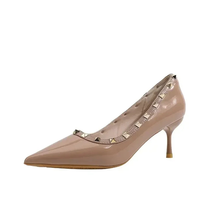 Sexy Pointed Toe Women's Soft Leather Pumps Autumn New Thin High Heels 2024 Latest Rivet Design Ladies Dress Shoes Big Size 42