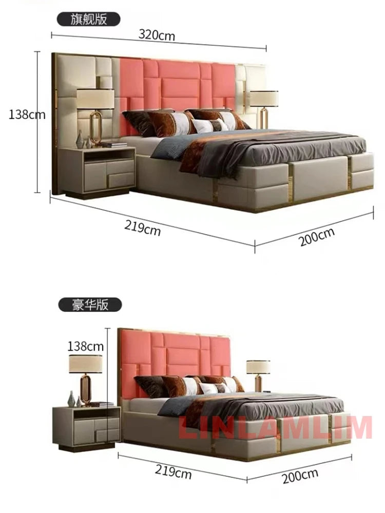 MANBAS Luxury Modern King Size Bed with Soft Upholstered Headboard and Storage Nightstands - Genuine Leather Bedroom Furniture