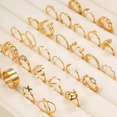 30pcs/Set Vintage Love Heart Rings Set For Women Gold Color Geometric Butterfly Rhinestone Finger Ring Trendy Party Jewelry Gift - MAGUSTA BEAUTY