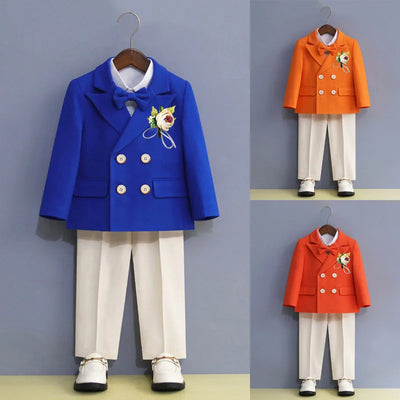 Boys Royal Blue Orange Suit For Wedding Kids Jacket Pants Bowtie Flower 4PCS Ceremony Tuxedo Dress Children Photograph Costume