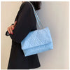 Fashion Blue Pu Flap Bag Golden Large Capacity Niche Geometric Handbag Women's Bag Embroidery Thread Metal Chain Shoulder Bag