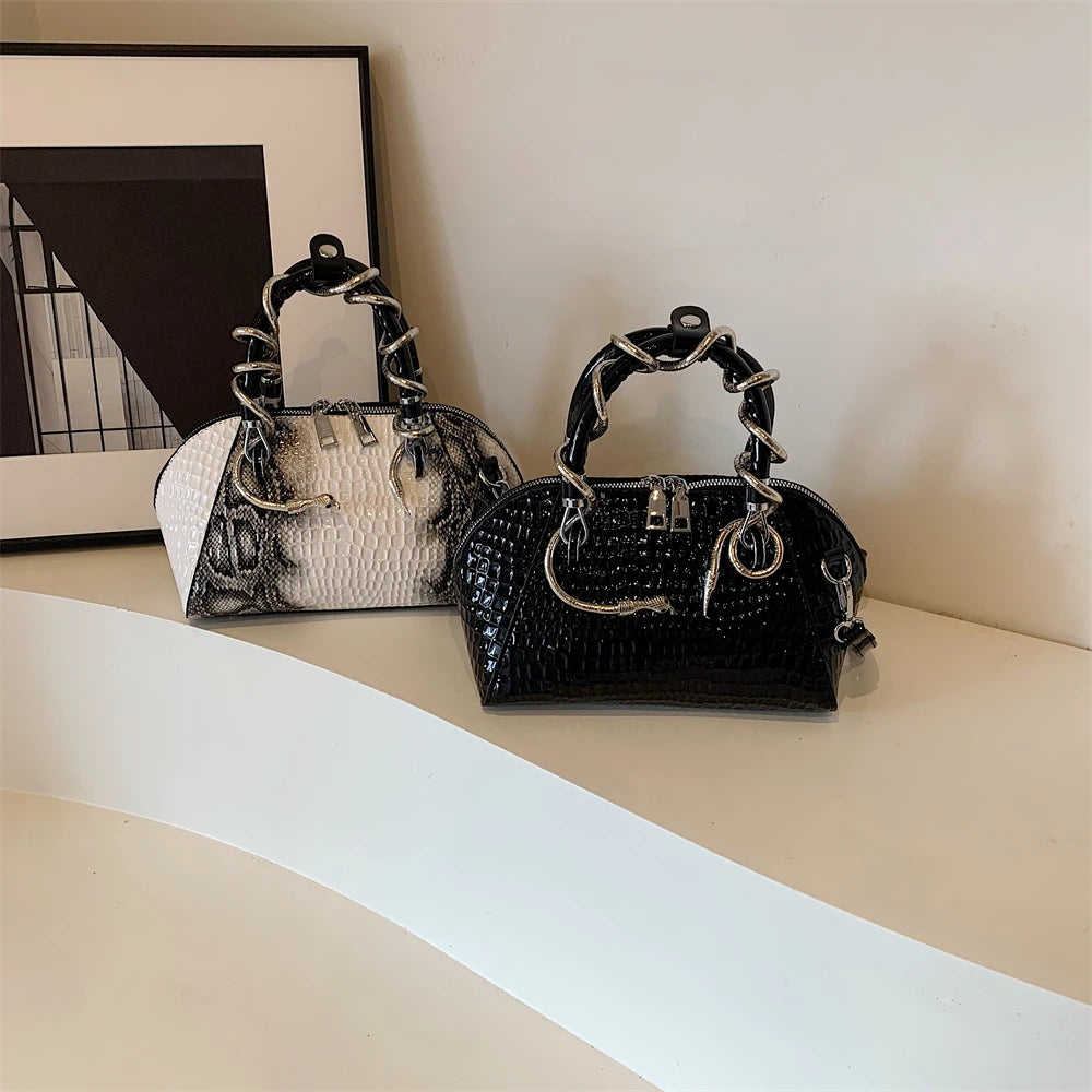 MOODS Designer Luxury Bags For Women Crocodile Pattern Top-handle Shell Bag With Snake Hardware Wild Shoulder Crossbody Handbags