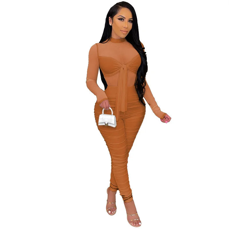 Sexy Mesh Patchwork Jumpsuits for Women Elegant Long Sleeve Bandage One Piece Party Long Bodysuit