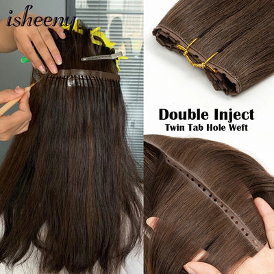 Invisible Hole Weft Human Hair Extensions 12"-24" Twin Tab Weft Hair Natural Straight Pull Through Micro Weft Hair Spot Goods