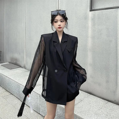 Fashion Hollow Out Mesh Patchwork Blazer for Women Y2K Korean Chic Net Long Sleeves Loose Black Coat Gothic Casual Suit Jacket