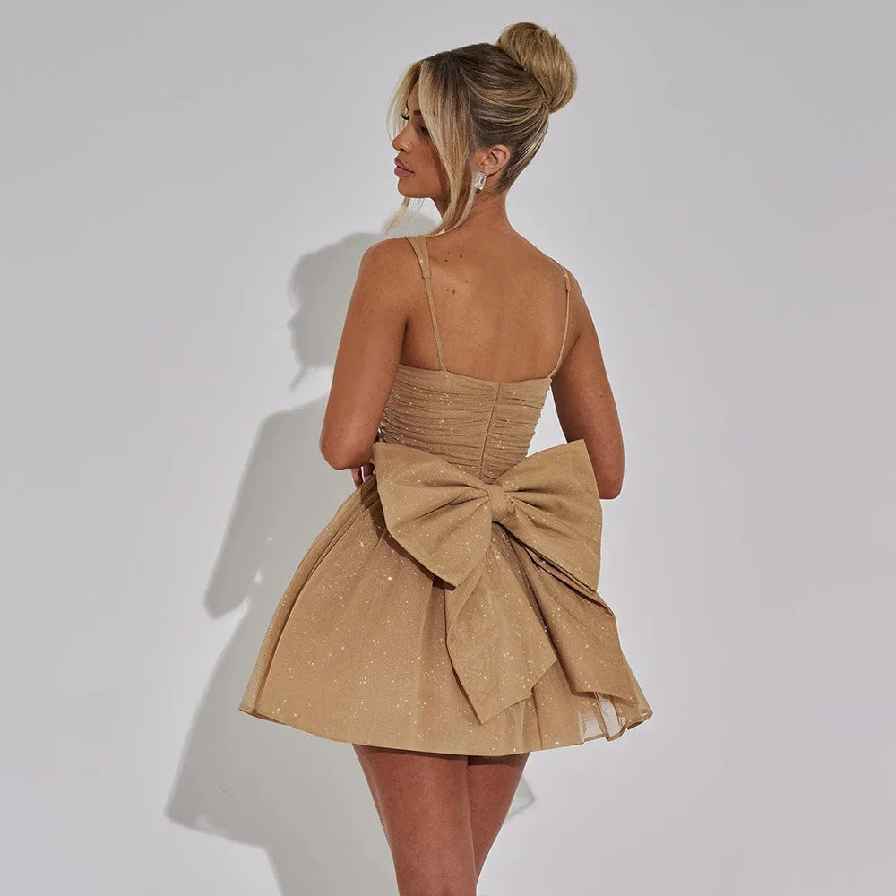 Fantoye Glitter Bright Silk Sparkling Bow Women Dress Apricot Spaghetti Strap Mini Dress Female Spring Slim Elegant Party Dress