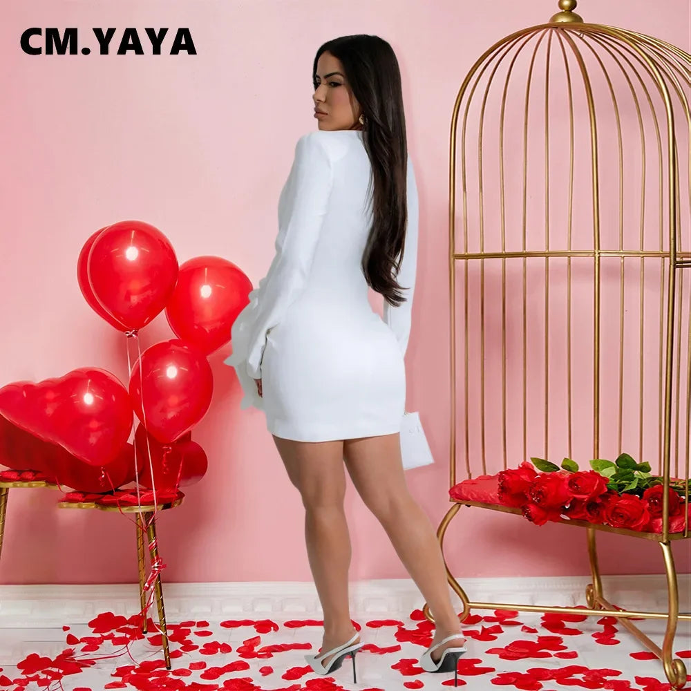 CM.YAYA Women Rose Floral Applique Long Sleeve Bodycon Mini Midi Dress Winter V-neck Club Sexy Party Evening Dresses Vestidos
