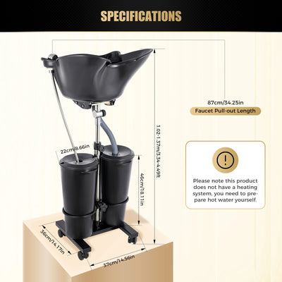 Portable Shampoo Basin with 2 Water Buckets 30cm Deep Salon Hair Washing Sink Adjustable Height Angle Mobile Shampoo Bowl Unit