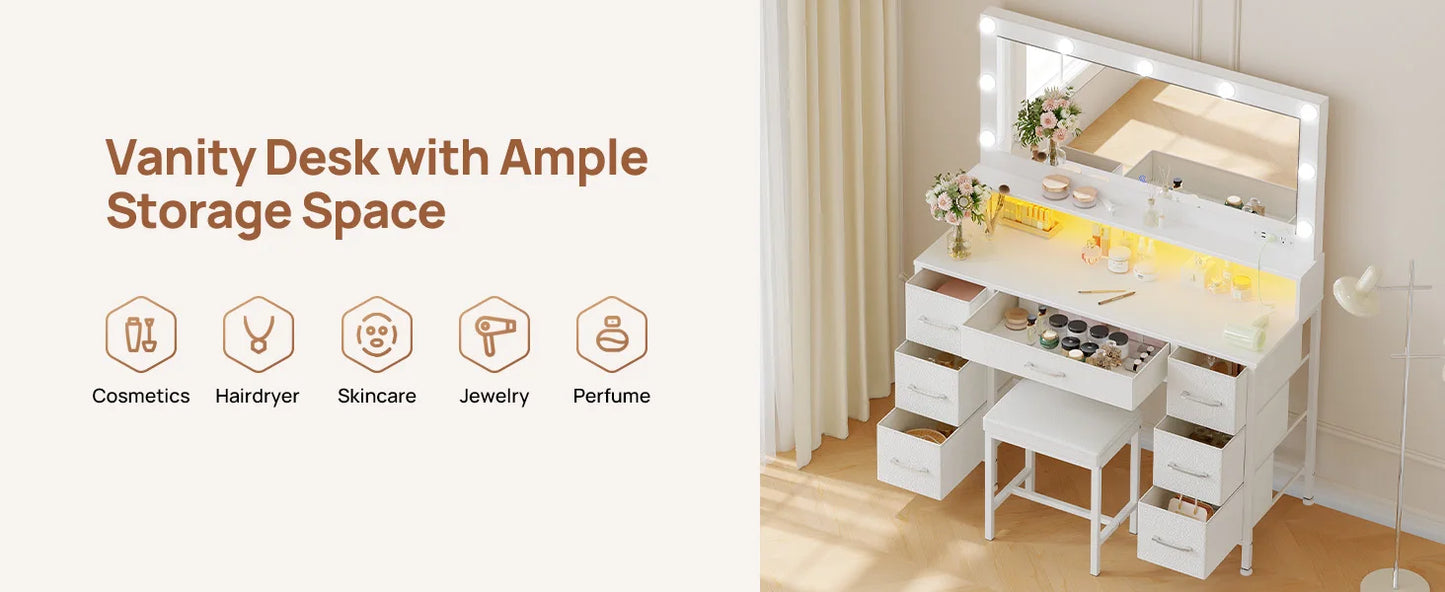 Vanity Desk with Mirror and Lights, Makeup Vanity with Upholstered Vanity Stool, 7 Fabric Drawers, 9 Dimmable LED Bulbs, Vanity