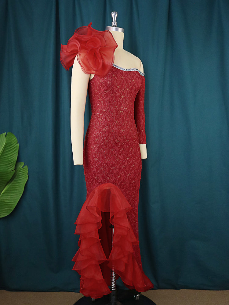 AOMEI Women Party Dress Off Shoulder One Sleeve Tiered Ruffle Slit Long Burgundy Lace Christmas Birthday Elegant Prom Event Gown