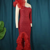 AOMEI Women Party Dress Off Shoulder One Sleeve Tiered Ruffle Slit Long Burgundy Lace Christmas Birthday Elegant Prom Event Gown