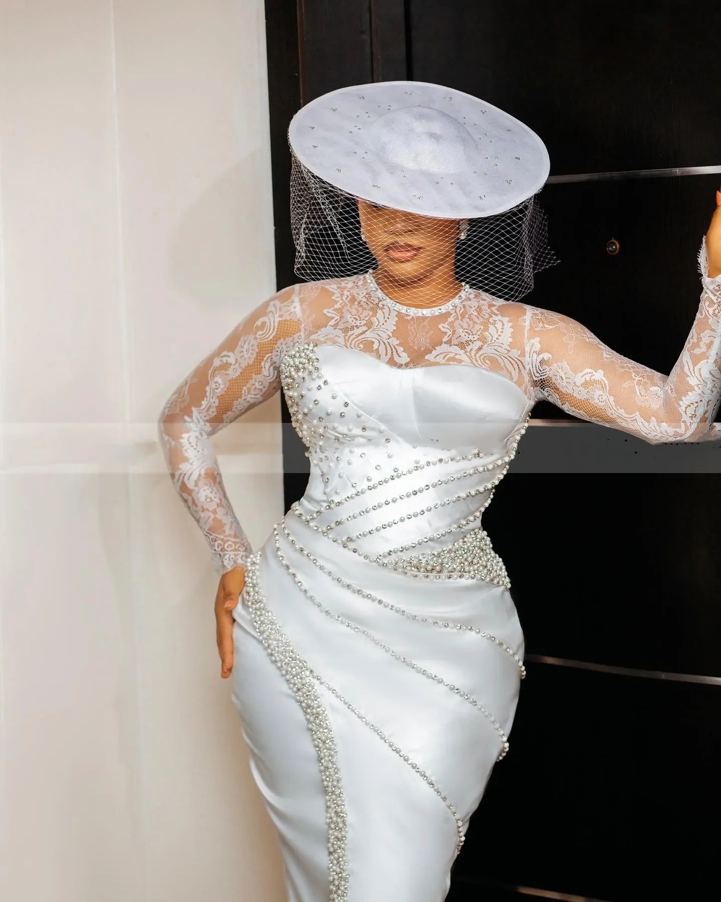 Flavinke Customized Civil Wedding Dresses for Bride O Neck long Sleeve Tea Length Pearls Beads Aso Ebi Birdal Robes de mariee