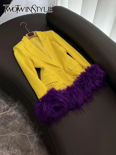 TWOTWINSTYLE New Hit Color Chic Blazers For Women Notched Collar Long Sleeve Patchwork Feathers Fashion Blazer Female KJA524948