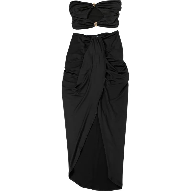 VEITCHE Summer Women Hollow Metal Buckle 2 Piece Skirt Sets Sexy Ruche Tops And Split Maxi Skirt Matching Clubwear Outfits