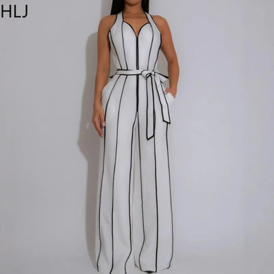 HLJ Elegant Stripe Patchwork Jumpsuits Women Halter Sleeveless Bow Belted Wide Legs Rompers Female Night Clubwear Overalls New