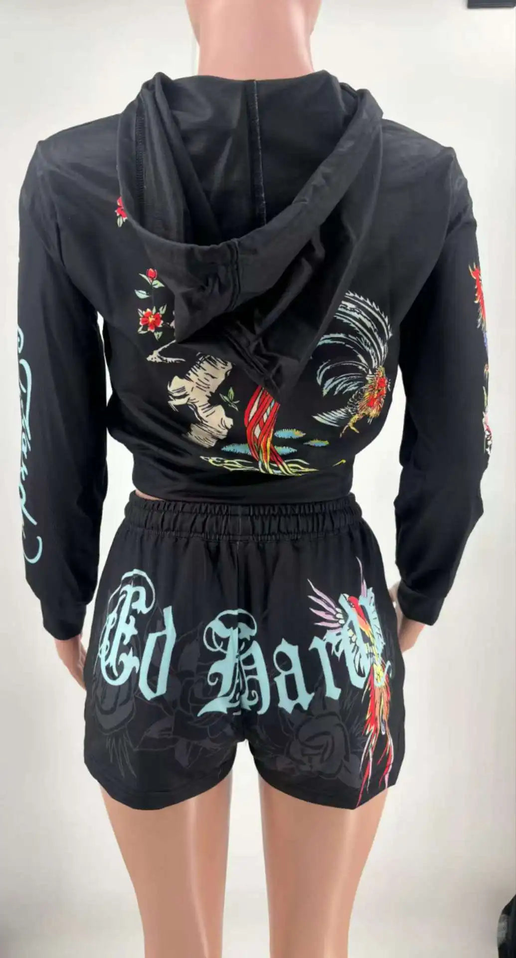 Sifreyr Street Printed Fashionable Casual Versatile Shorts Set Hooided Long Sleeved Zipper Cardigan Jacket High Waist Suit