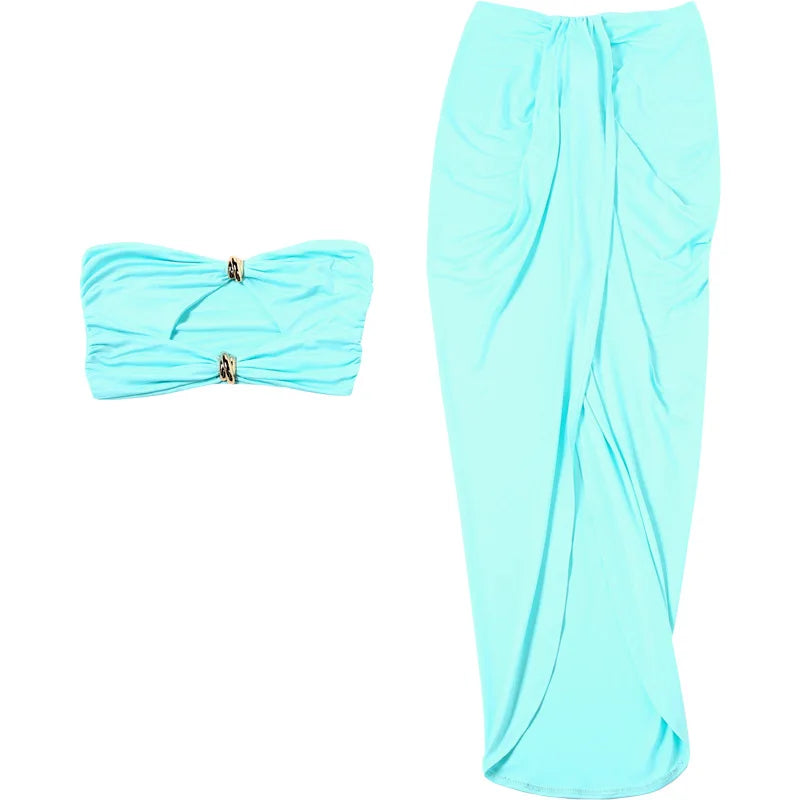 VEITCHE Summer Women Hollow Metal Buckle 2 Piece Skirt Sets Sexy Ruche Tops And Split Maxi Skirt Matching Clubwear Outfits