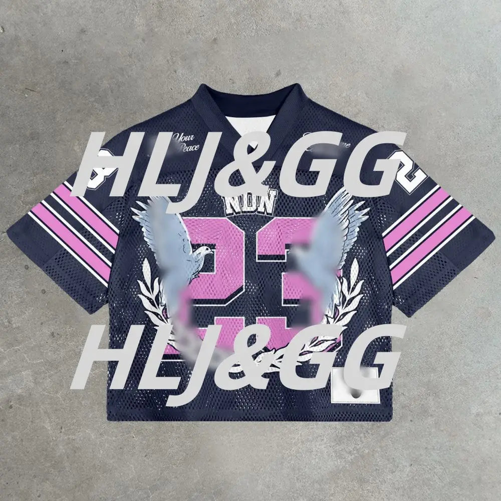 HLJ&GG Spring Summer New Letter Print Mesh Loose Basketaball Tshirts Women V Neck Short Sleeve Tops Fashion Pullover Streetwear