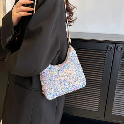 New Fashion Contrast Sequin Shoulder Bag Colorful Sequin Casual Crossbody Bag Women Versatile PU Leather Zipper Underarm Bag