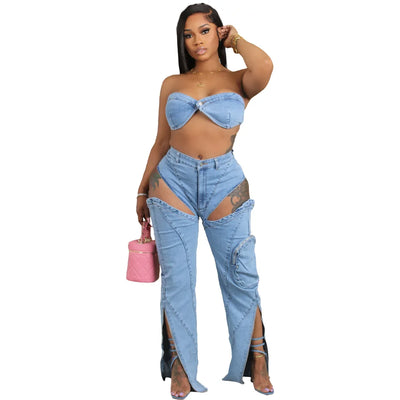 Denim Pants Sets for Women 2024 Sexy Streetwear Two Piece Set Outfits Chest Wrap Sleeveless Backless Top Hollow Out Jeans