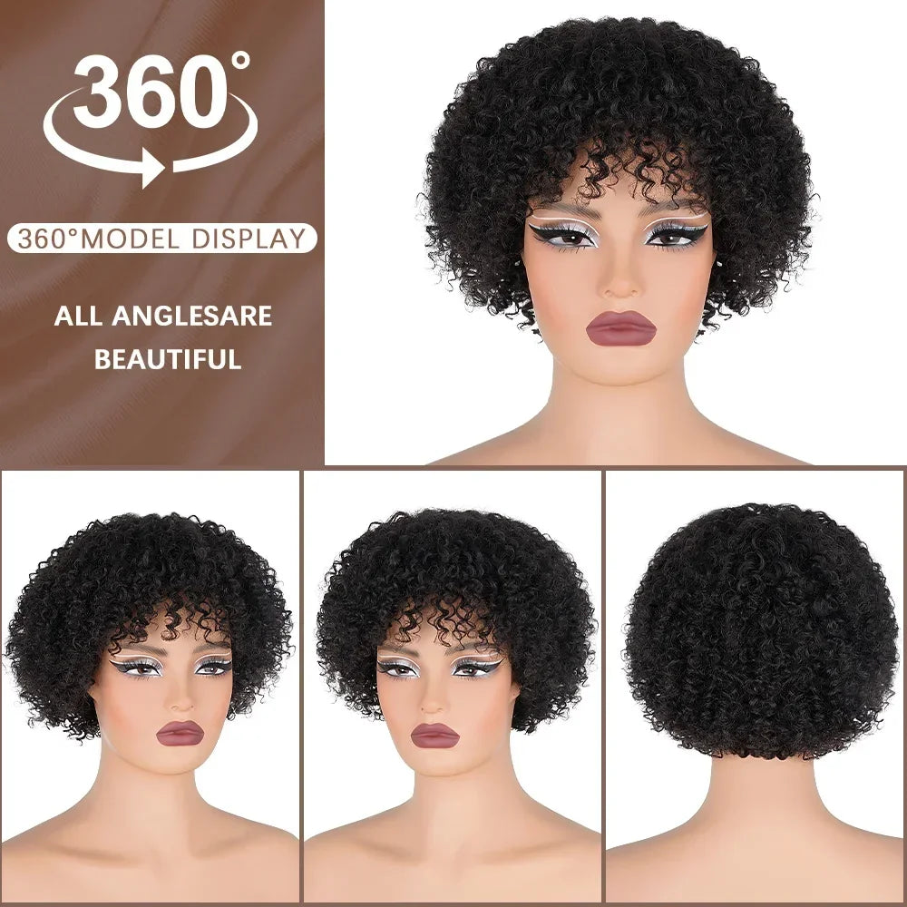 10 Inch Afro Kinky Curly Bob Wig With Bangs Curly Pixie Cut Glueless Wigs Machine Made Brazilian Human Hair Wigs For Black Women