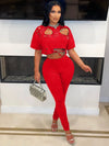 Joskaa Elegant 2 Piece Set Women Sexy Hollow Pin Short Sleeve Crop Tops and Pencil Pants Matching 2025 Summer Party Club Outfits