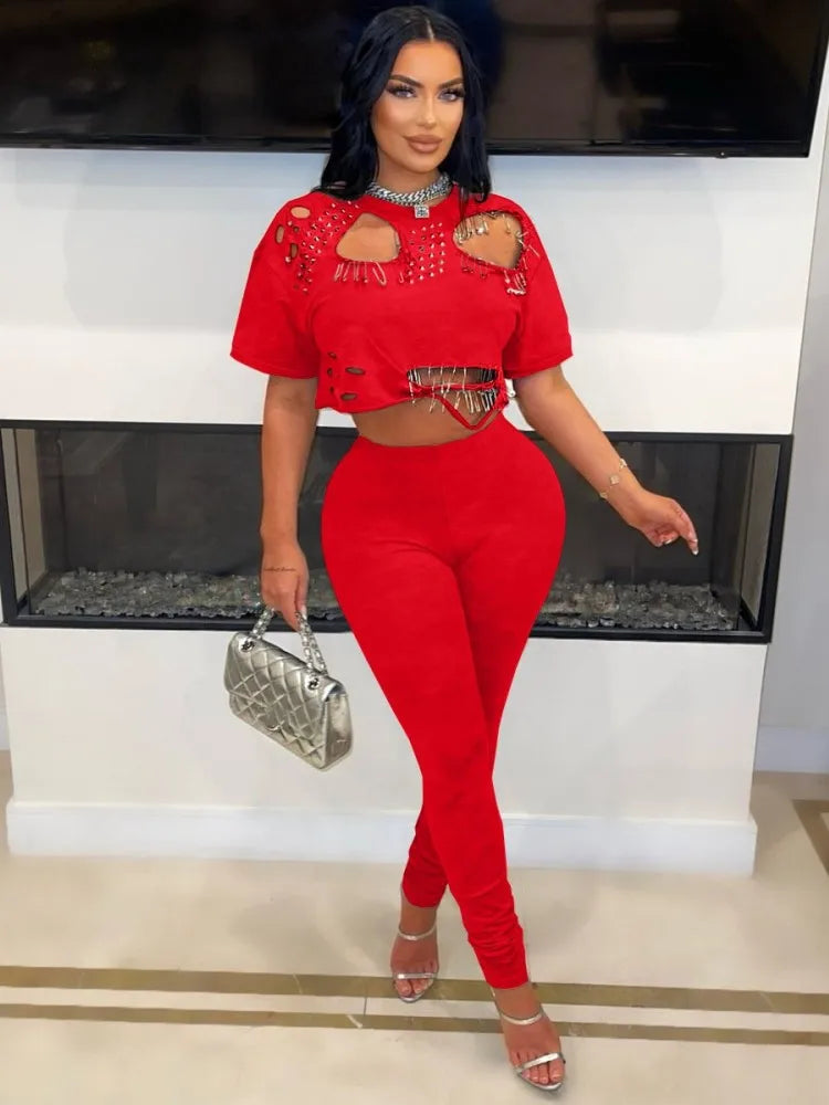 Joskaa Elegant 2 Piece Set Women Sexy Hollow Pin Short Sleeve Crop Tops and Pencil Pants Matching 2025 Summer Party Club Outfits