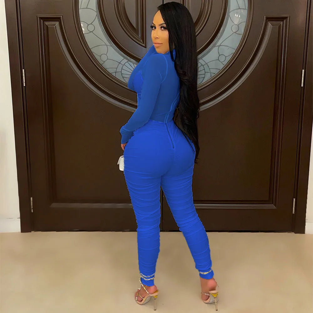 Sexy Mesh Patchwork Jumpsuits for Women Elegant Long Sleeve Bandage One Piece Party Long Bodysuit