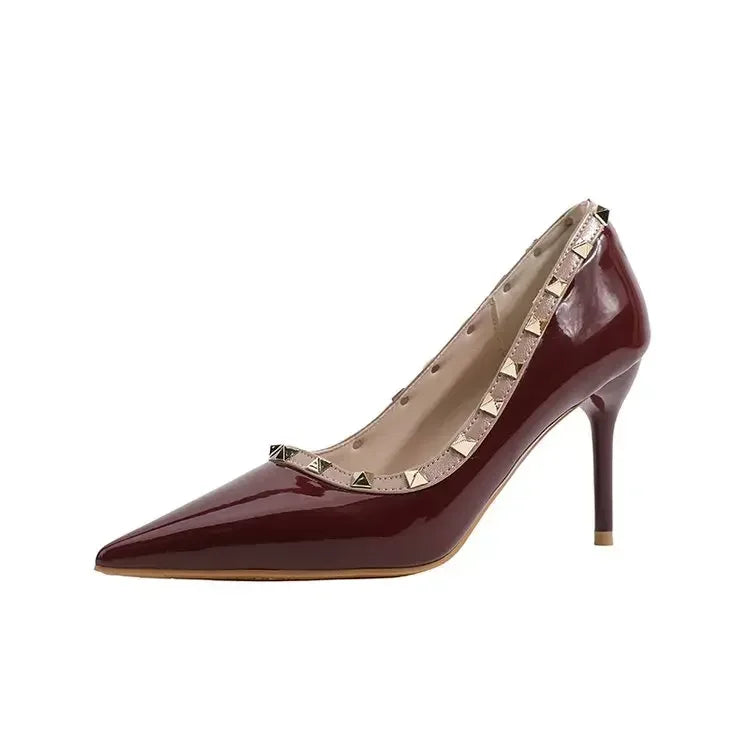 Sexy Pointed Toe Women's Soft Leather Pumps Autumn New Thin High Heels 2024 Latest Rivet Design Ladies Dress Shoes Big Size 42