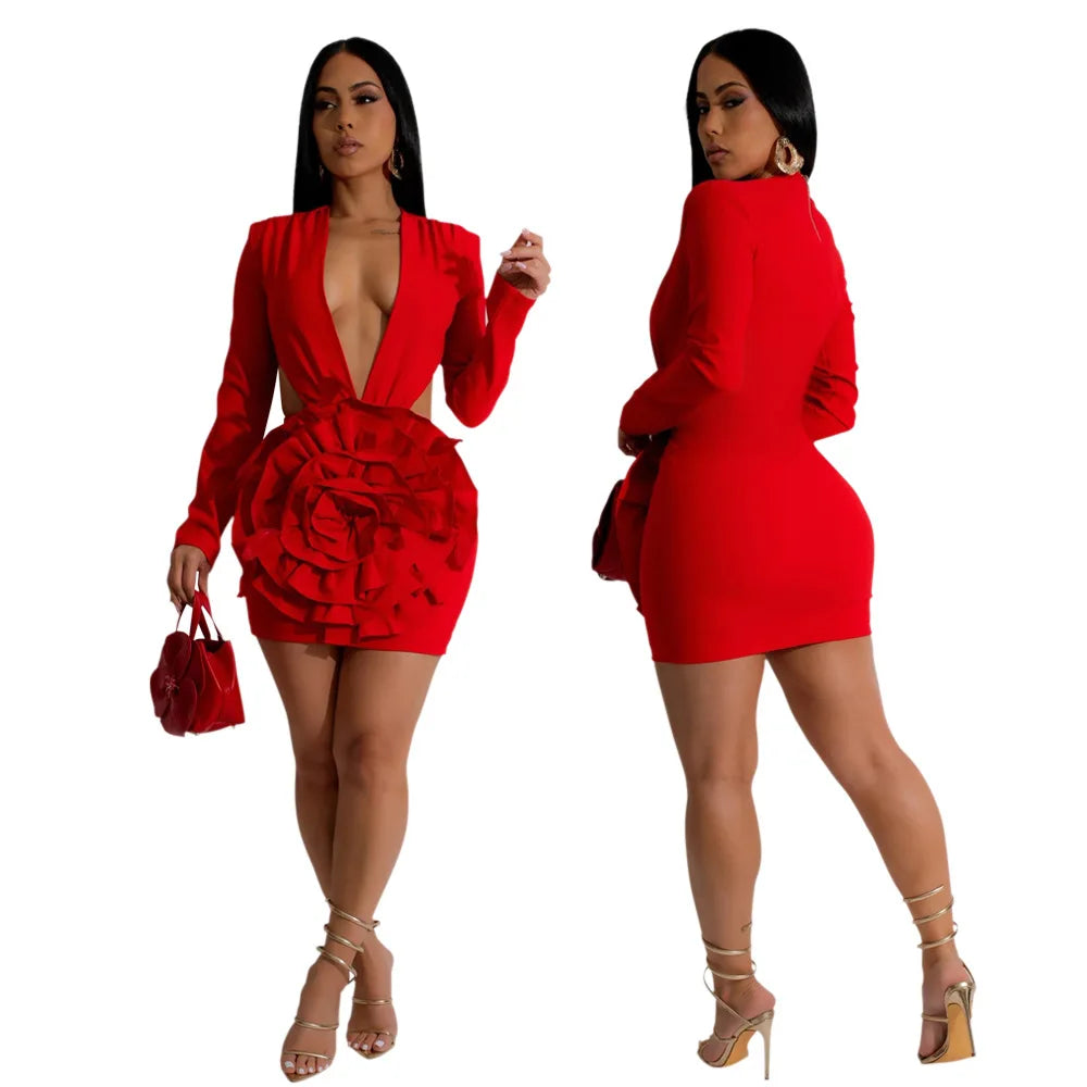 CM.YAYA Women Rose Floral Applique Long Sleeve Bodycon Mini Midi Dress Winter V-neck Club Sexy Party Evening Dresses Vestidos