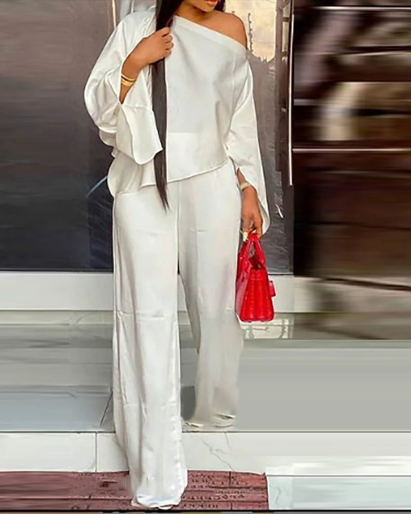 Women's Wide Leg Pants Two Piece Set Fashion Off Shoulder Shirt And Pants Sets Autumn Winter Casual Loose Solid Suit